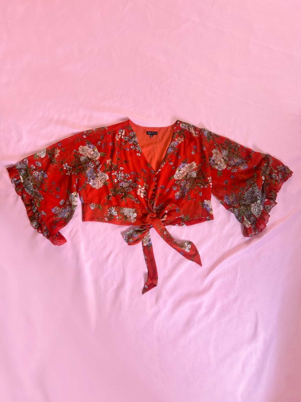 Smak Parlour Cropped Floral Ruffle Sleeve Blouse
